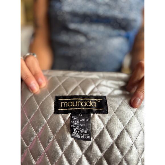 80s Vintage Maurada Silver Quilted Collar Jacket Size S - Picture 10 of 12